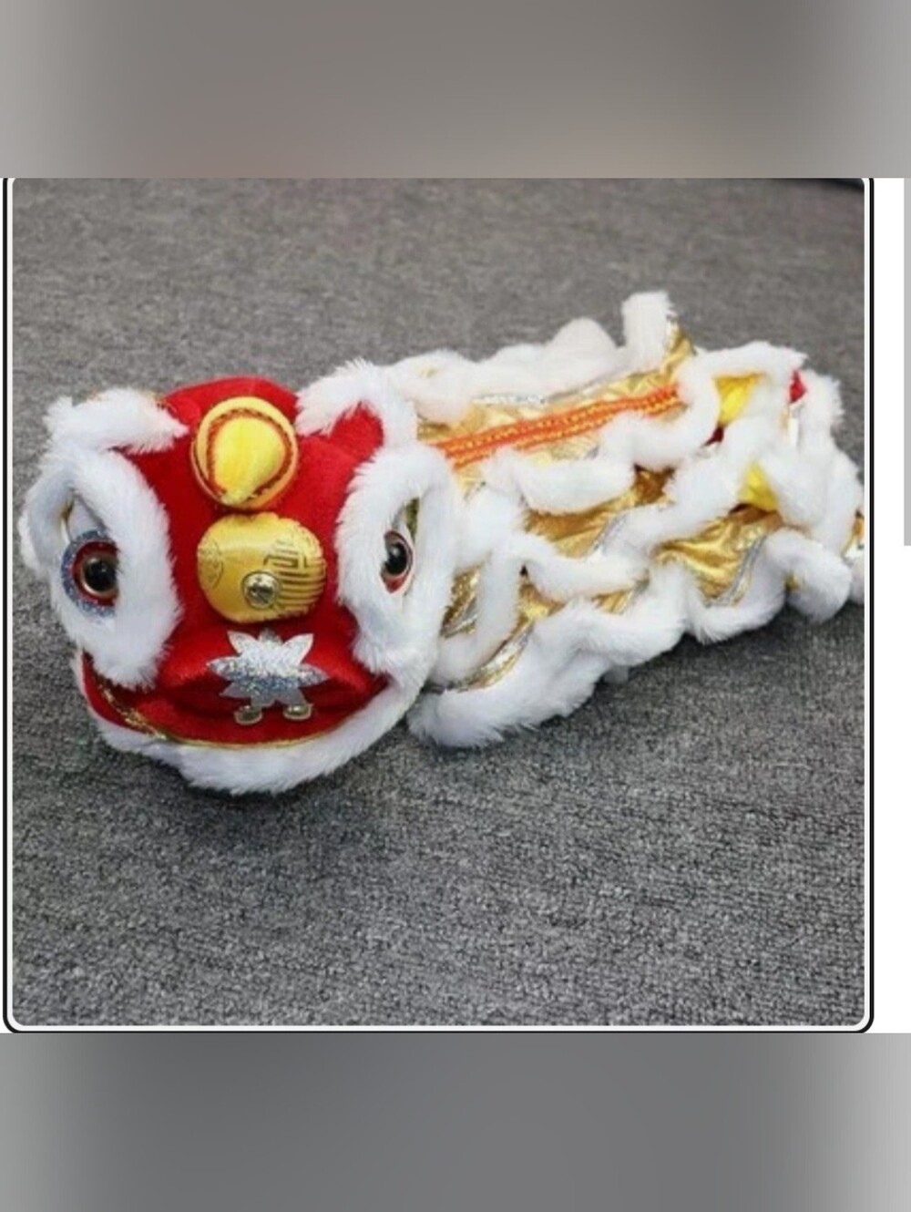 Festive White and Gold Chinese Lion Dance Headpiece Dog Costume